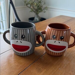 Playful Sock Monkey Mug Duo in Gray and Brown